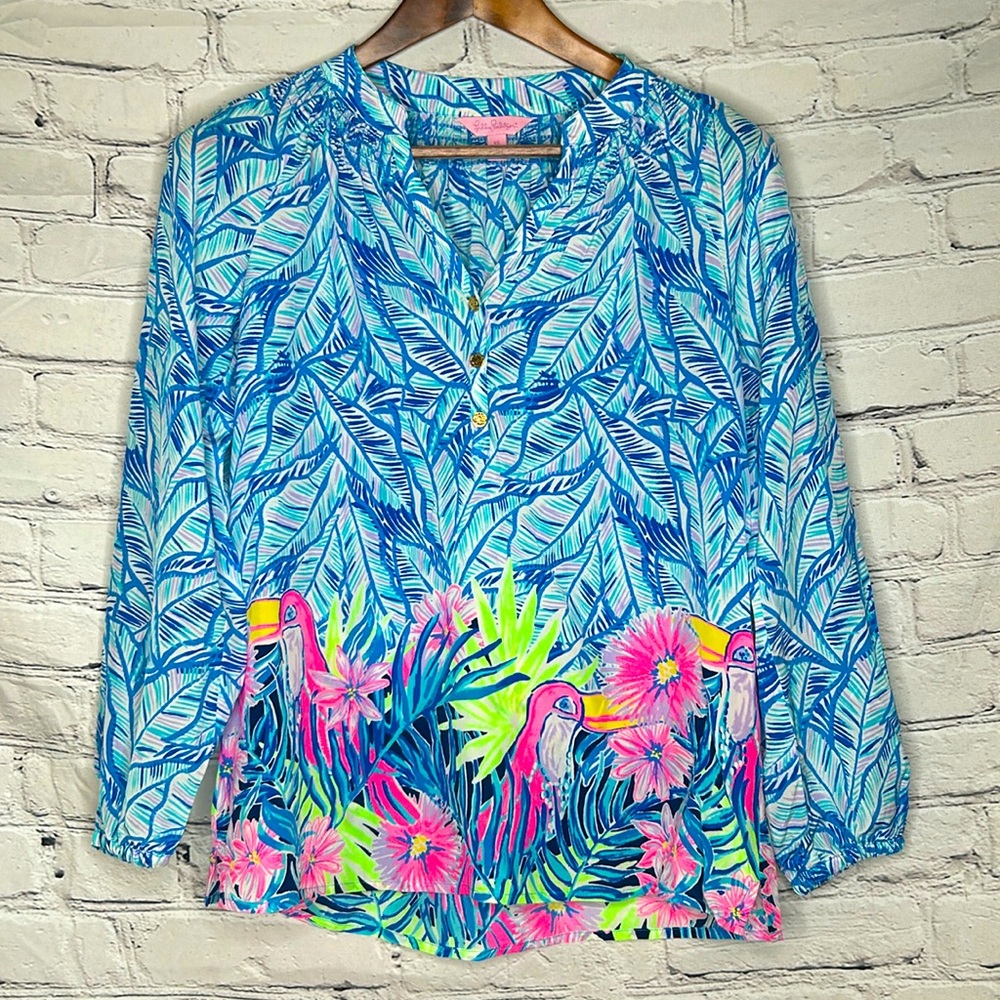 Lilly Pulitzer Blue Pink Bird Long Sleeve Tunic Silk Top Size X-Small